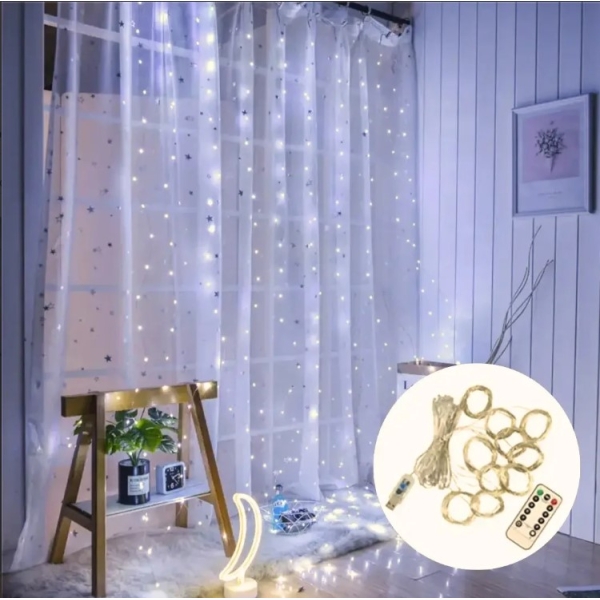 / Світлодіодна гірлянда-завіса мідний дріт 3 м х 2 м Magic Lights від USB з пультом 300 LED 8 режимів біла