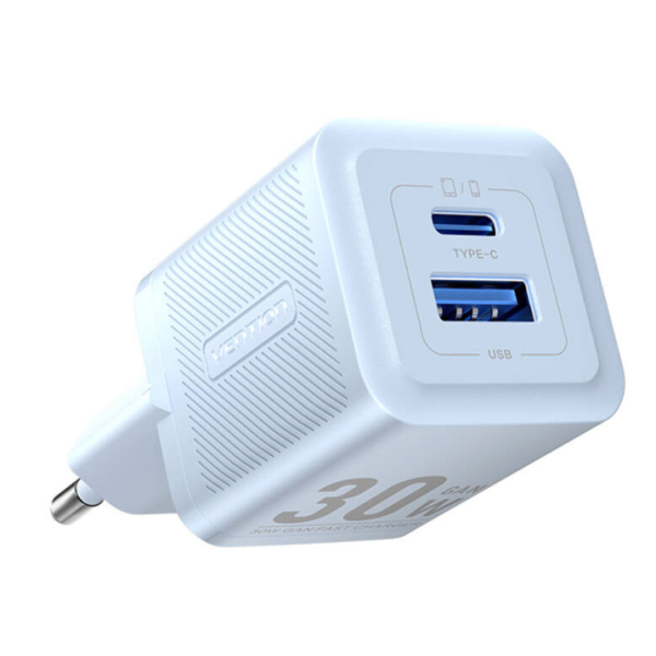 Зарядний блок живлення Type-C+USB Vention 2-Port GaN Charger 30 W 3 А блакитний