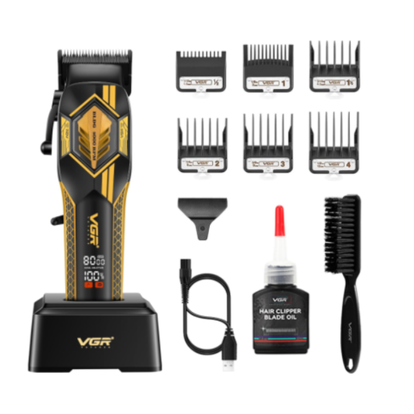 Бездротова машинка для стрижки волосся VGR V-119 USB з дисплеєм 6 насадок чорний з золотистим