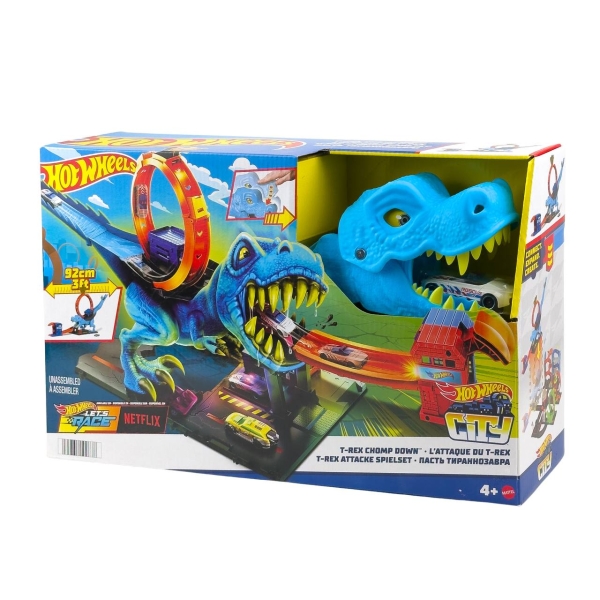 Іграшковий набір Автомобільний трек Hot Wheels HKX42 Полювання Ті-рекса блакитний з помаранчевим