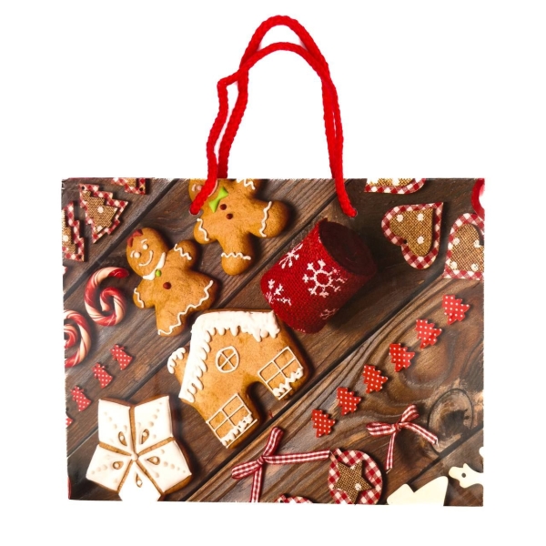 Подарунковий пакет паперовий 23 х 18 х 10 см АРС1990 Новорічні пряники червоний з коричневим