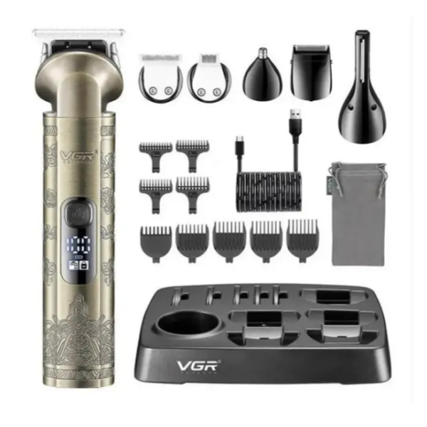 Бездротова машинка для стрижки волосся VGR V-109 USB з дисплеєм 14 насадок золотистий