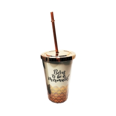 Склянка з кришкою Beijing CP7191 з трубочкою 450 мл коричневий