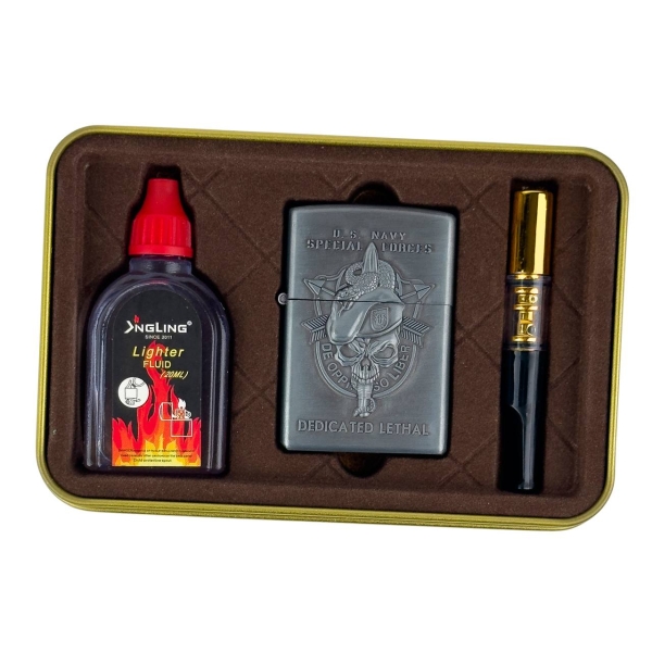 Набір запальничка бензин мундштук Череп 21-139 кремнієвий підпал метал сріблястий