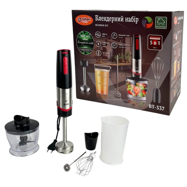 Блендер занурювальний з чашею 5в1 BITEK BT-337 1800 Вт 0.5 л чорний з червоним