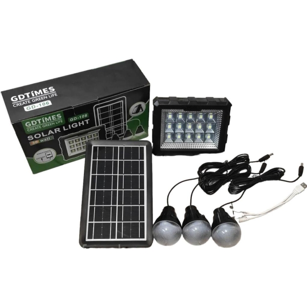 Ліхтар-прожектор сонячна станція GDTIMES GD-106 з лампами та повербанк 3.8 Вт 4000 мАг чорний